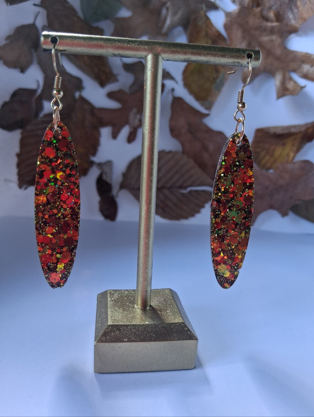✨ Autumn’s Fallen Spark- Hand Crafted Red and Gold Glitter Oval Drop Earrings
